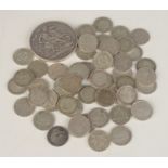 75 silver 3d coins and a Victorian 1893 crown regnal date LVI.