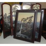 A pair of Japanese pictures in red lacquered frames, 76cm x 54.