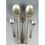 A pair of Old English pattern table spoons and a matching dessert fork together with a pair of