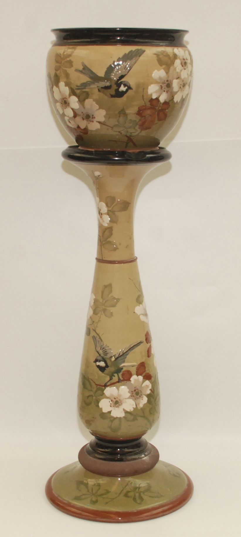 An Art Nouveau Langley Ware pottery jardiniere on pedestal, decorated with coal tits and wild roses, - Image 2 of 7