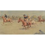 A coloured print by Charles Johnson Payne (Snaffles) 'A Polo Match', 22 x 41cm.