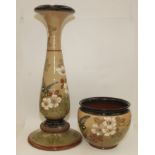 An Art Nouveau Langley Ware pottery jardiniere on pedestal, decorated with coal tits and wild roses,