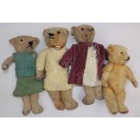 Two love worn Merrythought small teddy bears, a similar Chad Valley teddy bear and one other,