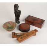A circular treen box, 19th century, diameter 12.5cm and four other items.