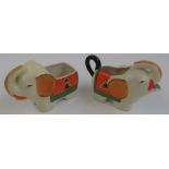 A Japanese pottery Art Deco style cream jug and sugar bowl, in the form of elephants, height 11cm,