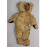 A good and large gold plush teddy bear with cut muzzle and velvet pads, plastic eyes, growler,