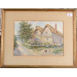 A country scene watercolour of a thatched cottage, with hens in the foreground,