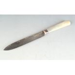 A bread knife with silver blade and mother of pearl handle.