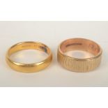 A 22ct gold band, 6.1g and a 9ct gold bark textured band, 4.5g.