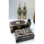 Two Chinese wood work boxes, one carved with a stylised dragon,