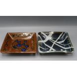 Two Winchcombe Pottery shallow dishes, of square form, with abstract designs, each measure 16.