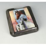 A good continental silver cigarette case the front enamelled with a horse and two borzoi 8.7 x 7.