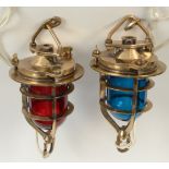 A pair of cast brass ships hanging lamps, port and starboard, each height 37cm.
