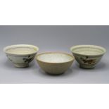 A pair of David Leach St Ives Studio Pottery bowls, with cream and brown mottled ground,