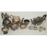 A Mappin & Brothers flower and leaf engraved teapot, other tea ware, two toast racks etc.