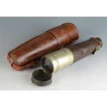 A three draw brass and leather telescope, inscribed 'Ross, London, No 34416',