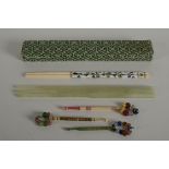 A pair of cloisonne and bone chopsticks, length 21.