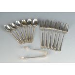 A set of six Hanoverian pattern silver cake forks and a pair of plain silver sugar tongs 4.