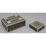 Two Indian Sadeli wood boxes, with mosaic style inlay, length 12.5cm and 7cm.