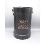 A black leather shell bucket, painted with a coat of arms, height 38cm, diameter 24cm.