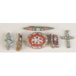 Five micro mosaic brooches and a micro mosaic cross.