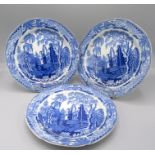 Three blue and white transfer printed plates, 19th century, diameter 24.5cm.