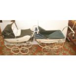 A silver cross tin bodied pram, green fabric hood and apron,