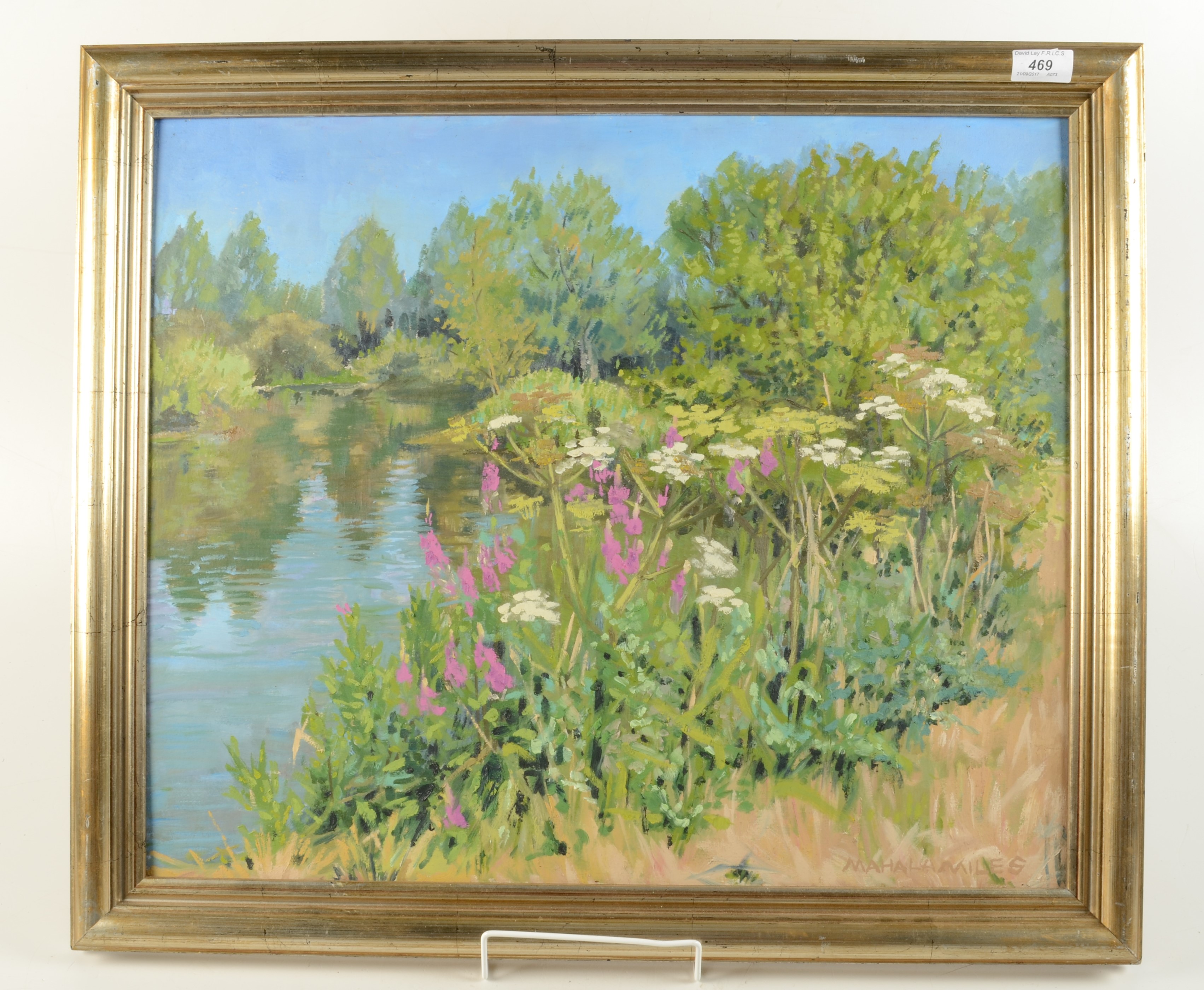 An oil on board of a river scene, signed Mahala Miles, in a gilt frame, 59 x 69cm.