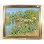 An oil on board of a river scene, signed Mahala Miles, in a gilt frame, 59 x 69cm.
