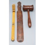 A Japanese carved wood page turner, length 44.5cm, a wooden gaval and a boxwood rule.