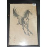 A Chinese print of a galloping horse, character marks and two red seal marks, 44cm x 29cm.