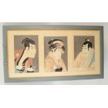 A Japanese triptych comprising of three portraits, each with calligraphy, each panel 27.