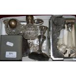 A pair of silver topped cut glass scent bottles, London 1920, a pair of 9ct gold earstuds and