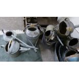 Galvanised watering cans - six together with galvanised mop bucket and galvanised ash-can