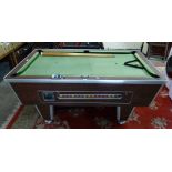 A pool table - a pub style coin operated pool table with cues (and old ten pence coins)