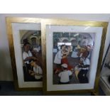 A pair of gilt framed prints, depicting dancers and a band