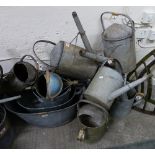 Galvanised watering cans - eight together with galvanised bucket and two galvanised baths