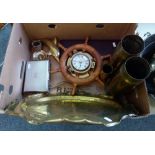 A pair of brass shell cases, large brass plaque, a cased pair of fish servers, chrome cigarette box,