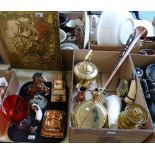 Brass and copperware including a coaching horn, warming pan, barometer, kettle, oil lamp, fire