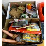 A child's drum, baskets, saucepan set, together with various figures, jigsaws, games, doll, in two