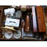 A writing box, copper jug, pewter tankard, two barometers, Haddon Hall trio, DVD player, Nokia