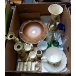 A Lurpak toast rack and egg cups, Adams large cup and saucer, a pair of brass candlesticks, bud