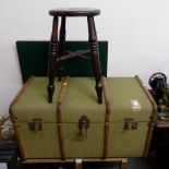 A folding card table, wooden stool and wooden bound fitted trunk