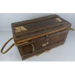 A WW2 Japanese iron bound wooden trunk, of oblong form, the leather edged hinged lid with document