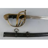 A 20th century naval sword, probably South American, the ornately chased curving 79cm fullered steel