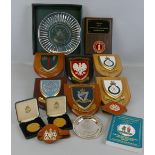 Seven shield mounted military crests, four in boxes, two cased Millennium shooting medals, two