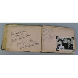 A disbound 1950's autograph album, containing signatures of various entertainers and celebrities,