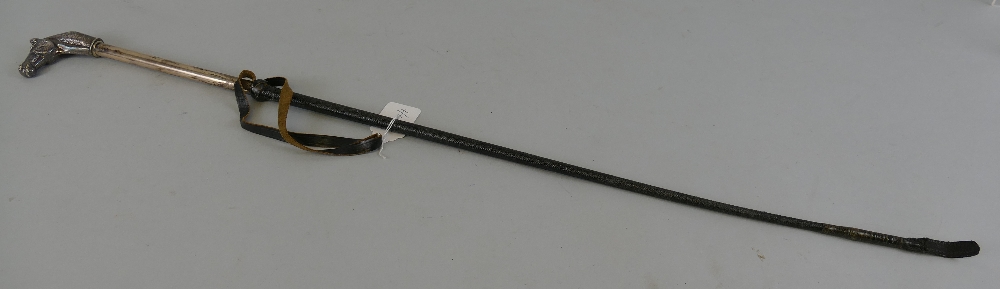 Horse Riding - a riding crop, with horse head handle and hallmarked silver and plaited leather