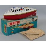 A Sutcliffe clockwork model boat - Jupiter Ocean Pilot Cruiser, 24cm long, boxed with original