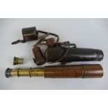 A WWI brass and leather 3-draw telescope, inscribed "Tele. SCT Regts Mk IIs H.C.R. & Son Ltd OS